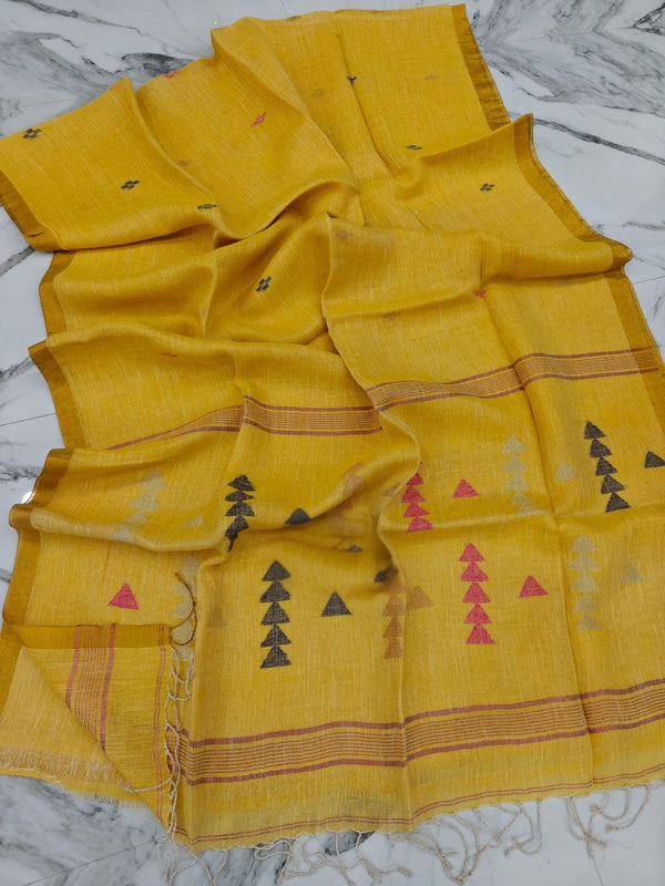 Indiehaat | Pure Linen Jamdani Handloom Saree Yellow