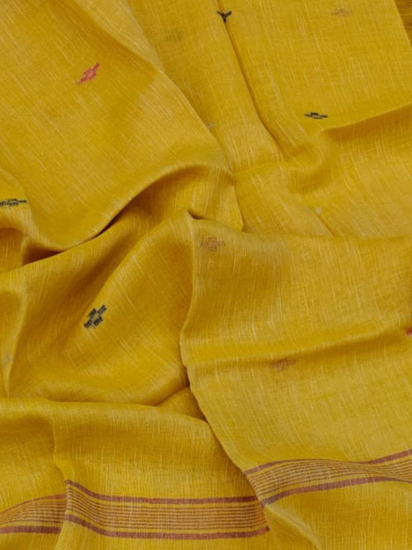 Indiehaat | Pure Linen Jamdani Handloom Saree Yellow