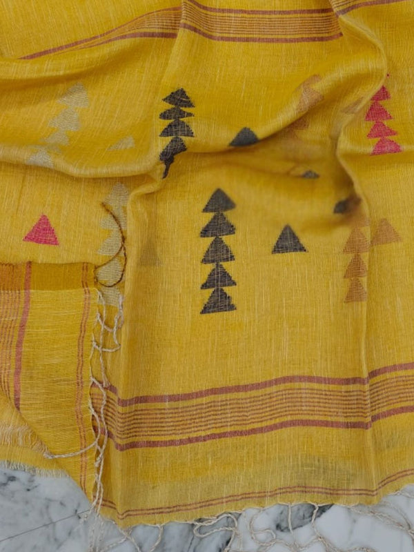 Indiehaat | Pure Linen Jamdani Handloom Saree Yellow