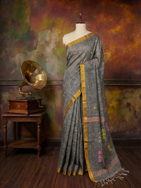 Indiehaat | Pure Linen Jamdani Handloom Saree Gray