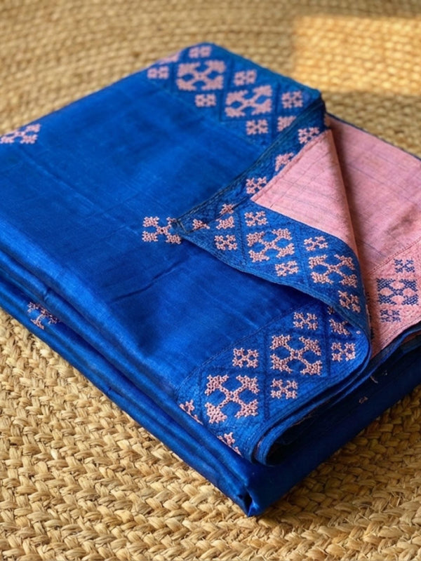Indiehaat | Silkmark Tussar Silk Embroidery Saree Blue