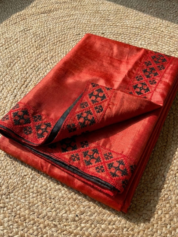 Indiehaat | Silkmark Tussar Silk Embroidery Saree Red