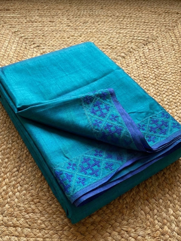 Indiehaat | Silkmark Tussar Silk Embroidery Saree Blue