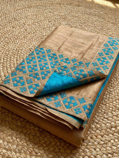 Indiehaat | Silkmark Tussar Silk Embroidery Saree Brown