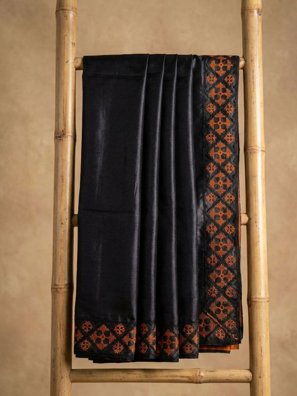 Indiehaat | Silkmark Tussar Silk Embroidery Saree Black