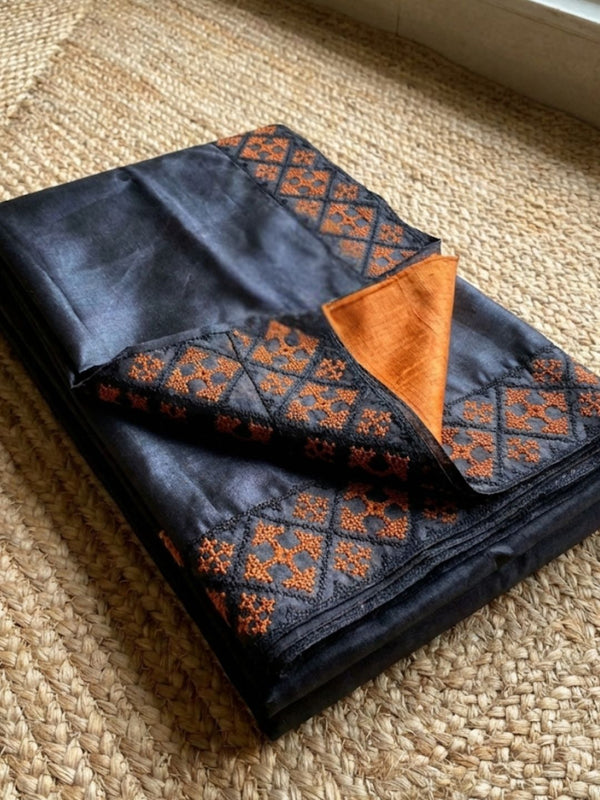 Indiehaat | Silkmark Tussar Silk Embroidery Saree Black