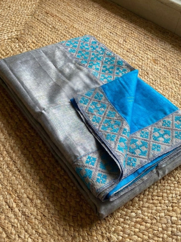 Indiehaat | Silkmark Tussar Silk Embroidery Saree Gray