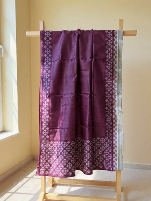Indiehaat | Silkmark Tussar Silk Embroidery Saree Wine