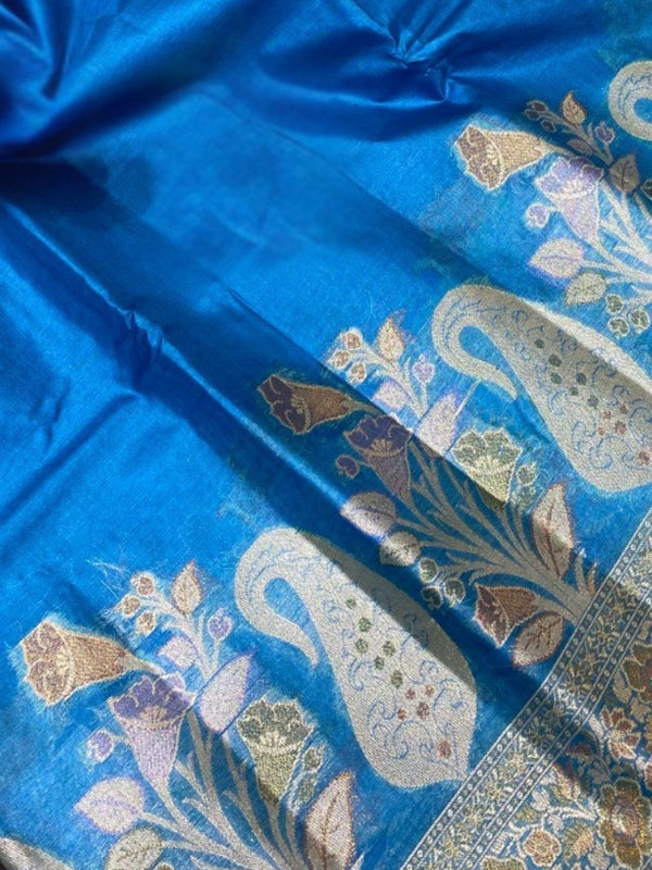 Indiehaat | Silkmark Tussar Silk Meenakari Saree Blue