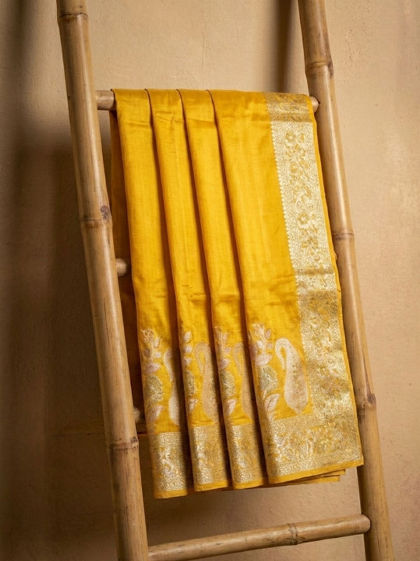 Indiehaat | Silkmark Tussar Silk Meenakari Saree Yellow