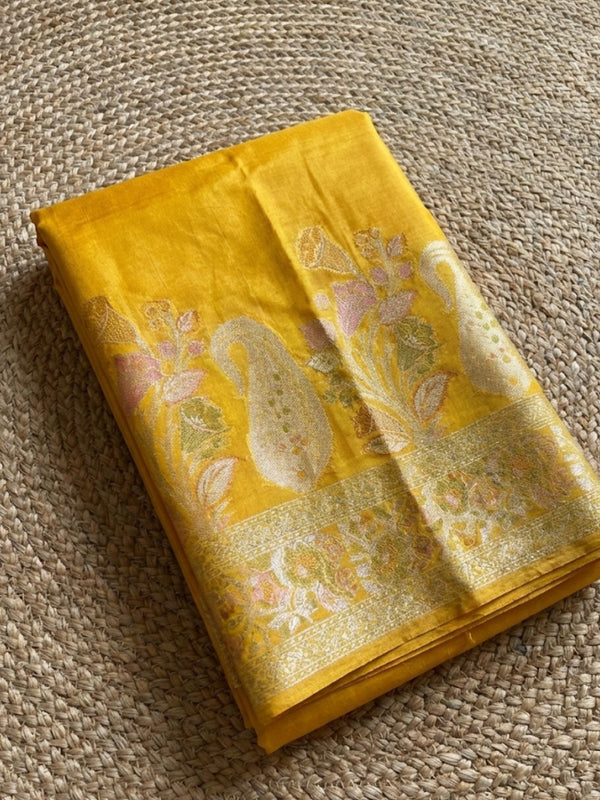 Indiehaat | Silkmark Tussar Silk Meenakari Saree Yellow