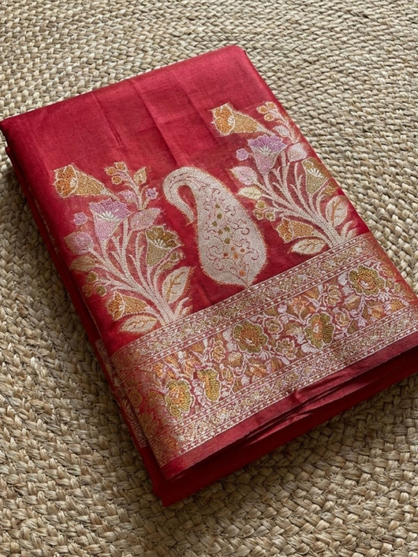 Indiehaat | Silkmark Tussar Silk Meenakari Saree Red