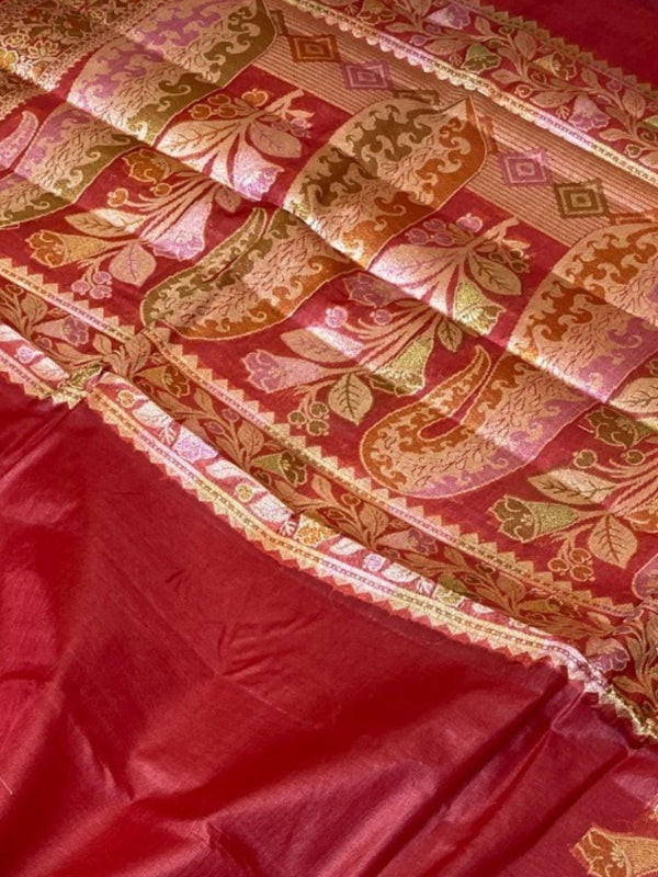 Indiehaat | Silkmark Tussar Silk Meenakari Saree Red
