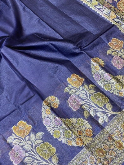 Indiehaat | Silkmark Tussar Silk Meenakari Saree Blue