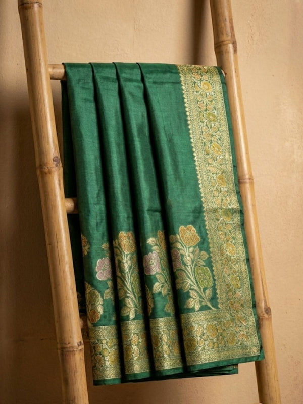 Indiehaat | Silkmark Tussar Silk Meenakari Saree Green