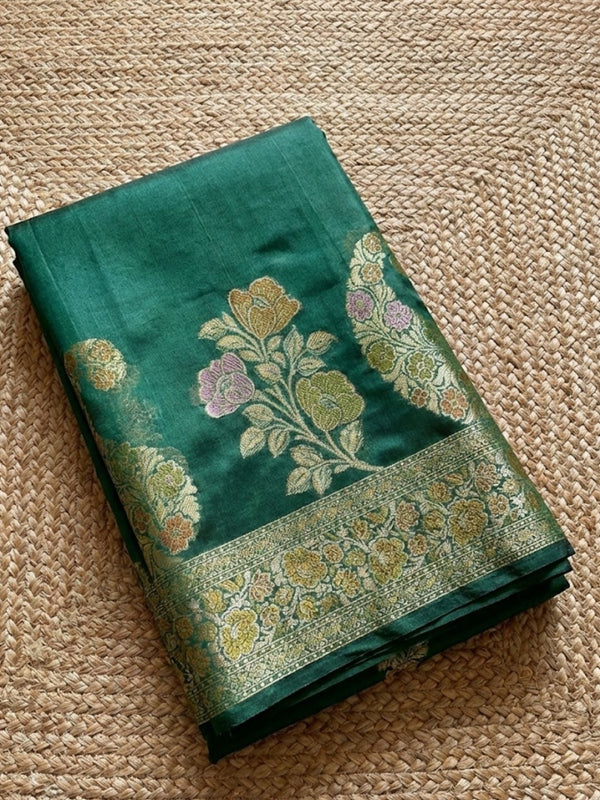 Indiehaat | Silkmark Tussar Silk Meenakari Saree Green