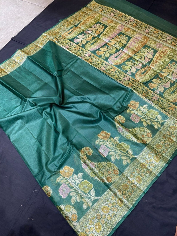Indiehaat | Silkmark Tussar Silk Meenakari Saree Green