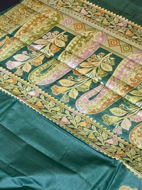 Indiehaat | Silkmark Tussar Silk Meenakari Saree Green