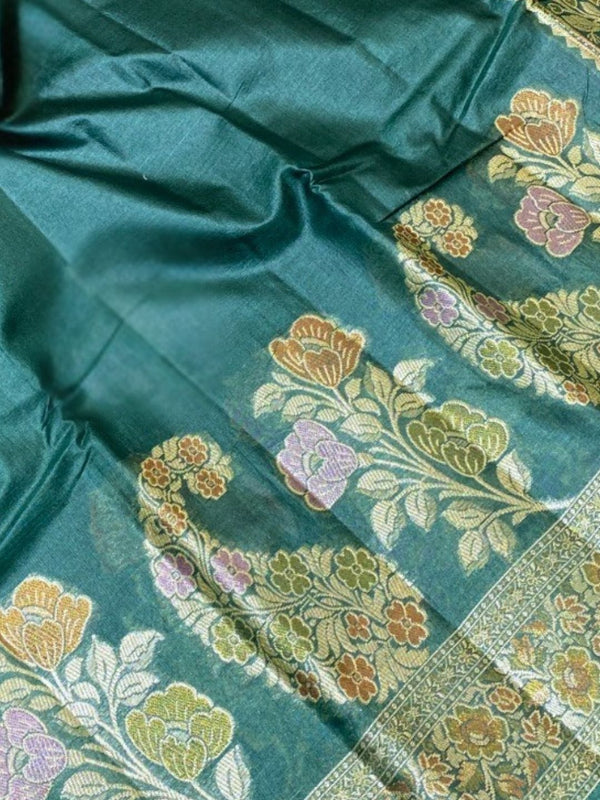 Indiehaat | Silkmark Tussar Silk Meenakari Saree Green