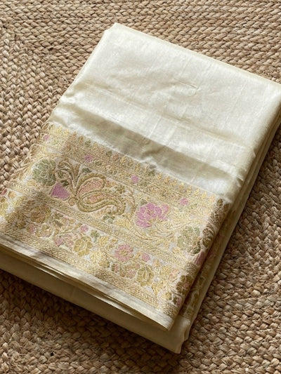 Indiehaat | Silkmark Tussar Silk Meenakari Saree White