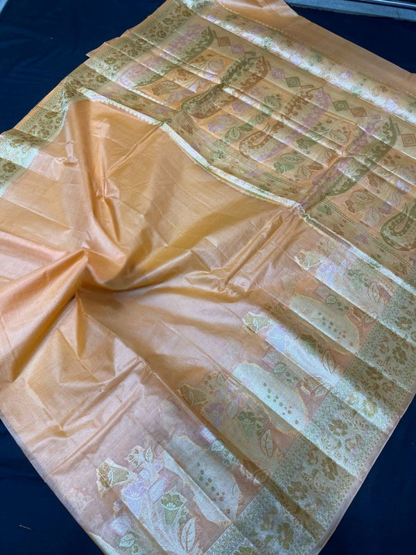Indiehaat | Silkmark Tussar Silk Meenakari Saree Peach