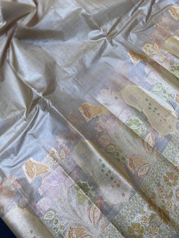 Indiehaat | Silkmark Tussar Silk Meenakari Saree Gray