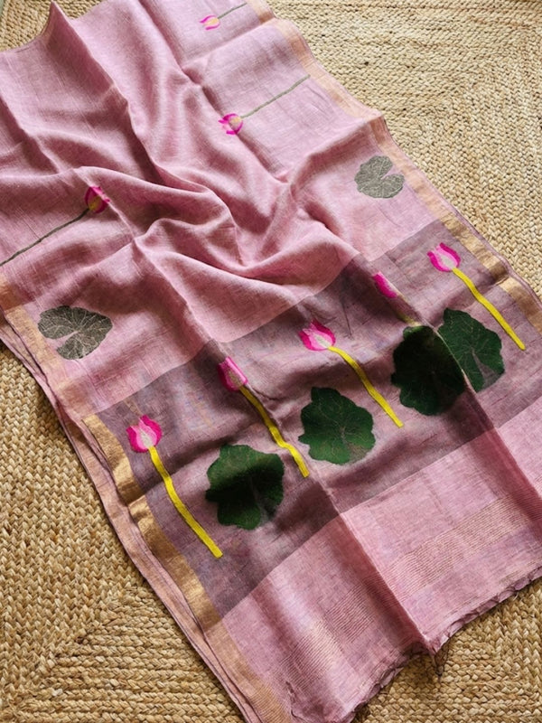 Indiehaat | Handloom Silk Linen Jamdani Saree Pink