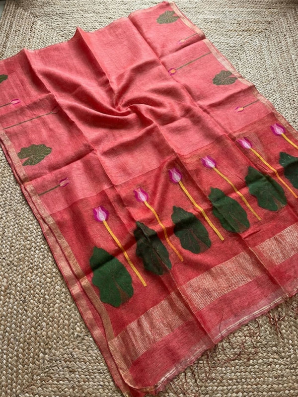 Indiehaat | Handloom Silk Linen Jamdani Saree Red