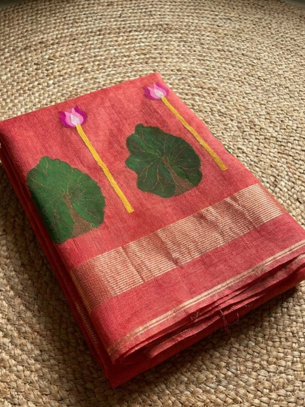 Indiehaat | Handloom Silk Linen Jamdani Saree Red