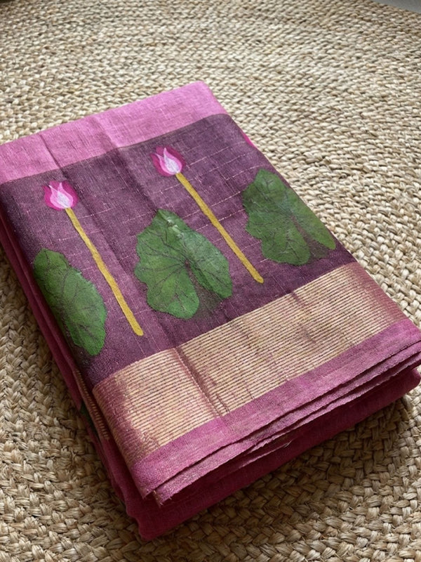Indiehaat | Handloom Silk Linen Jamdani Saree Pink
