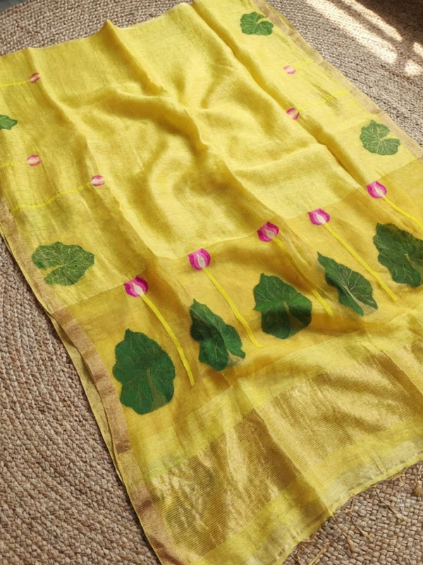 Indiehaat | Handloom Silk Linen Jamdani Saree Yellow