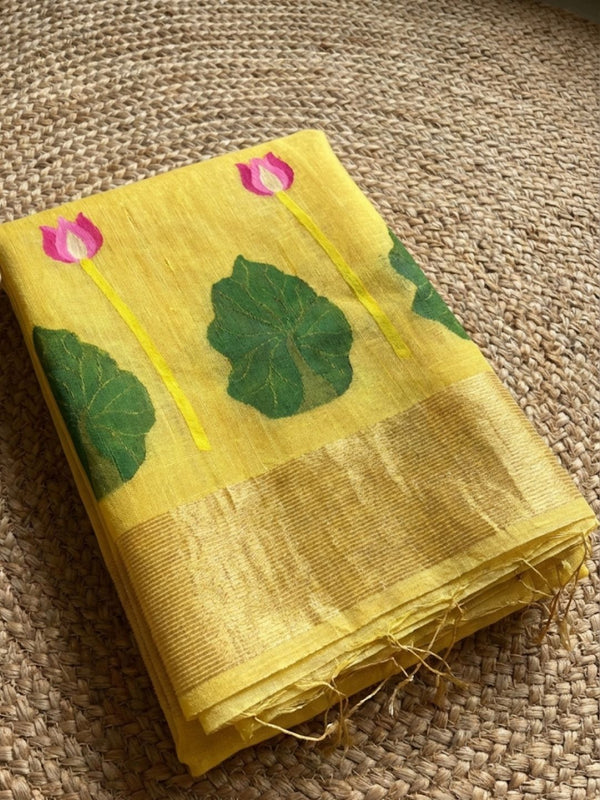 Indiehaat | Handloom Silk Linen Jamdani Saree Yellow