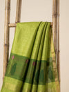 Indiehaat | Handloom Silk Linen Jamdani Saree Green
