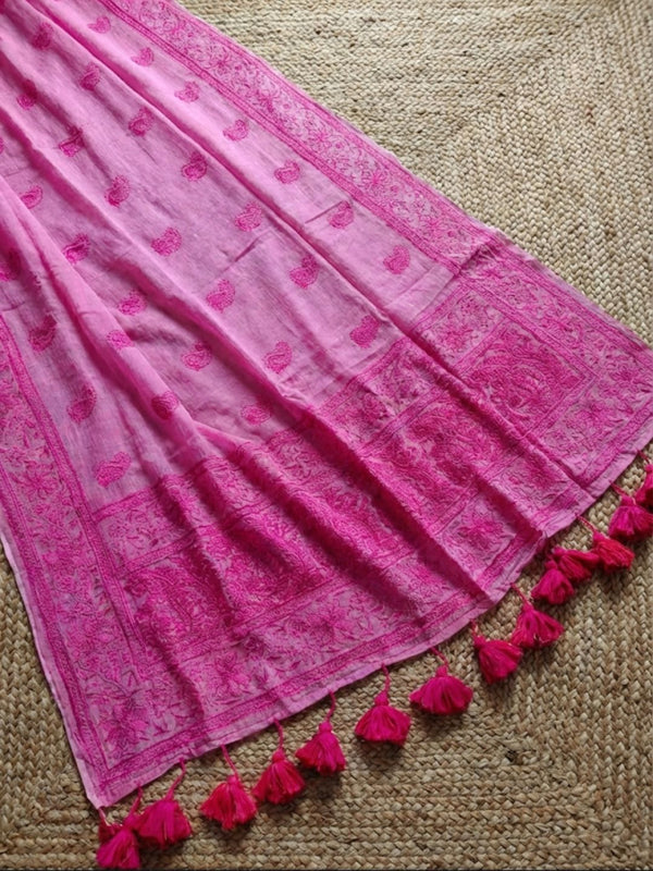 Indiehaat | Pure Mul Cotton Chikankari Saree Pink