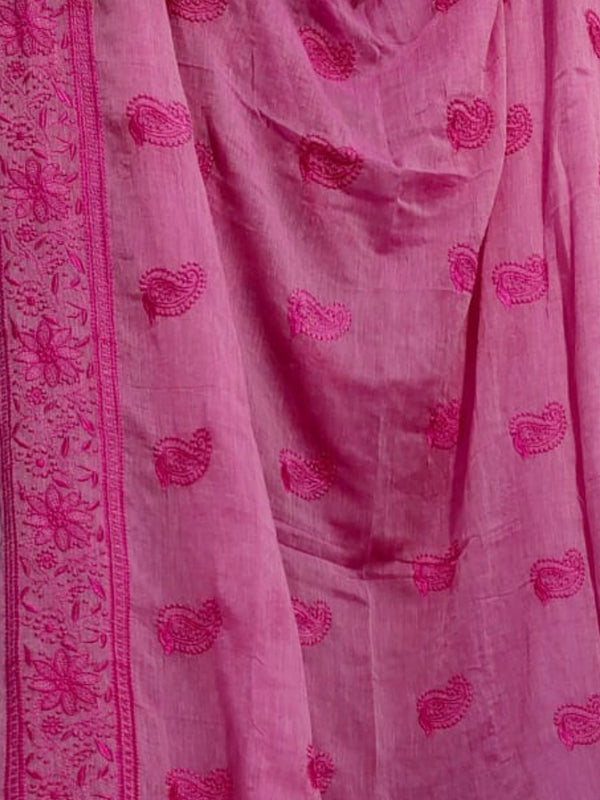 Indiehaat | Pure Mul Cotton Chikankari Saree Pink