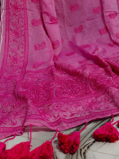 Indiehaat | Pure Mul Cotton Chikankari Saree Pink