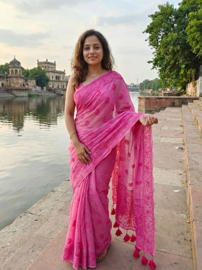 Indiehaat | Pure Mul Cotton Chikankari Saree Pink