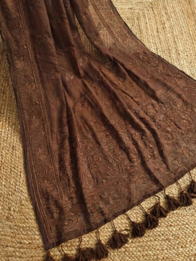 Hawa Hawai Chikankari Pure Mul Cotton Saree Dark Coffee Brown