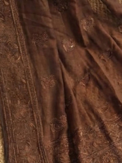 Indiehaat | Pure Mul Cotton Chikankari Saree Brown