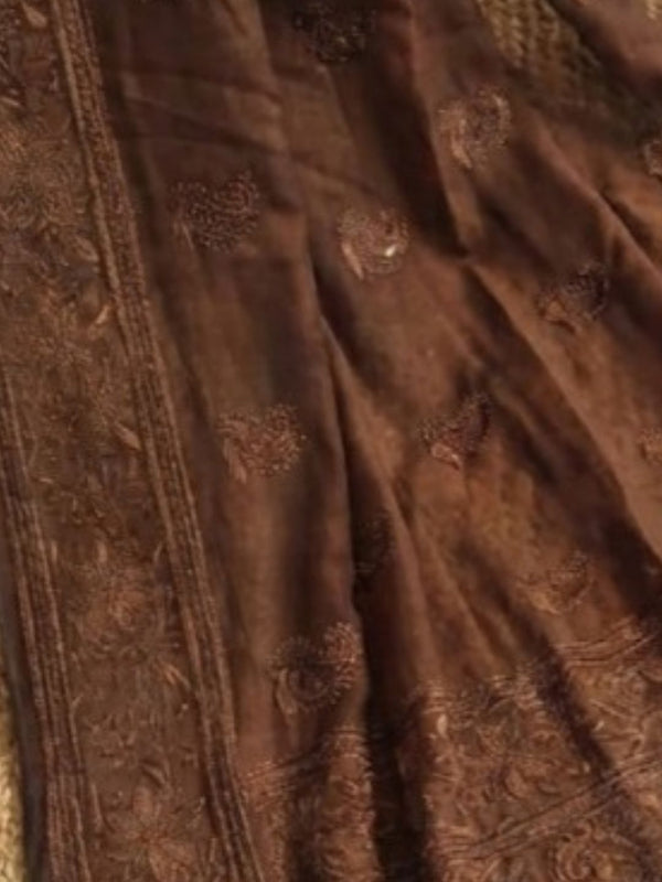 Indiehaat | Pure Mul Cotton Chikankari Saree Brown