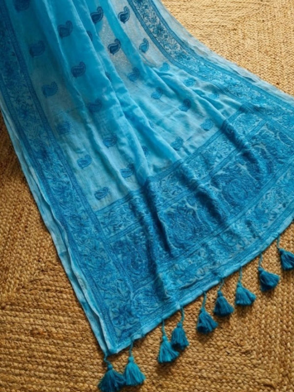 Indiehaat | Pure Mul Cotton Chikankari Saree Blue