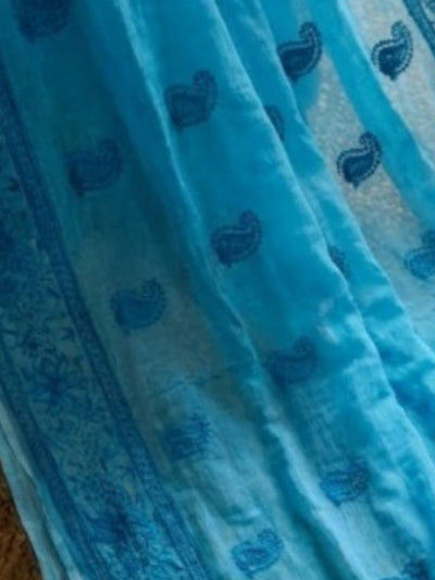 Indiehaat | Pure Mul Cotton Chikankari Saree Blue