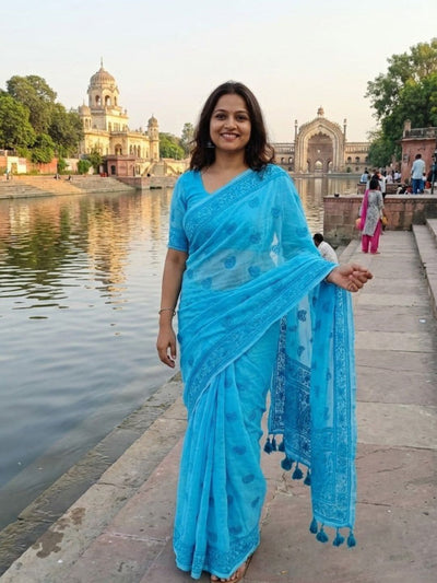 Indiehaat | Pure Mul Cotton Chikankari Saree Blue