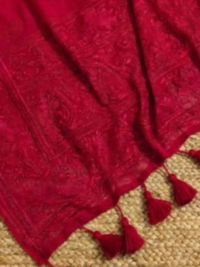 Indiehaat | Pure Mul Cotton Chikankari Saree Red