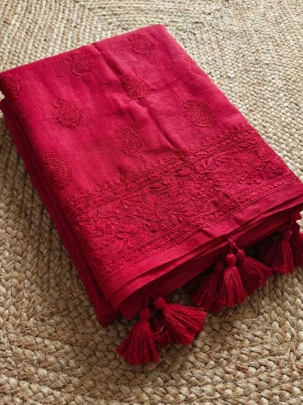 Indiehaat | Pure Mul Cotton Chikankari Saree Red