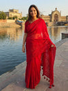 Indiehaat | Pure Mul Cotton Chikankari Saree Red