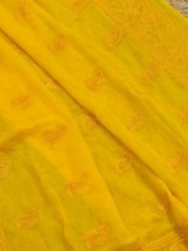 Indiehaat | Pure Mul Cotton Chikankari Saree Yellow