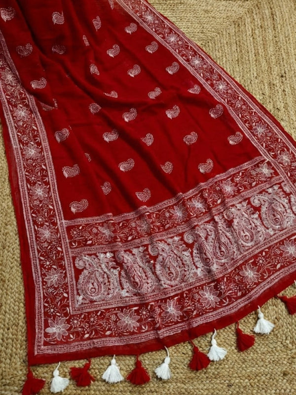 Indiehaat | Pure Mul Cotton Chikankari Saree Red