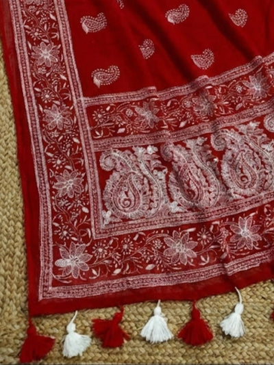 Indiehaat | Pure Mul Cotton Chikankari Saree Red