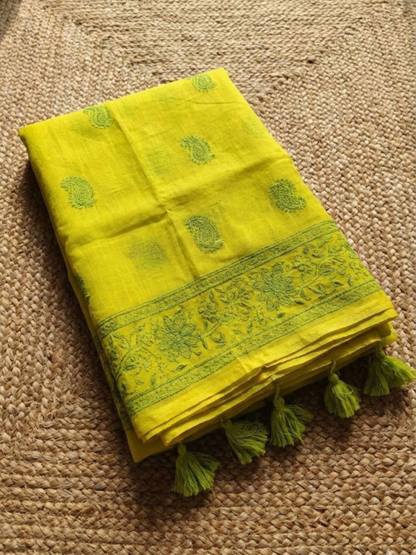 Indiehaat | Pure Mul Cotton Chikankari Saree Green
